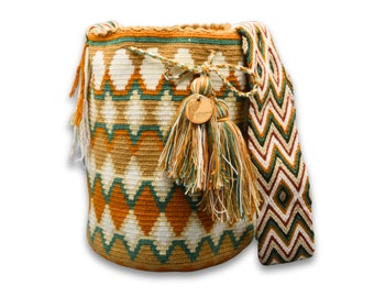 LARGE Authentic Colombian Wayuu Mochila Bag | Tribal Ethnic Boho Bucket Bag | Golden Beige and green Triangles