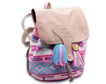 Handcrafted Colombian Wayuu Backpack Mochila I Lined Genuine Leather Ethically Sourced I Bag for Women I Boho Hippie Tribal I Unique Gifts