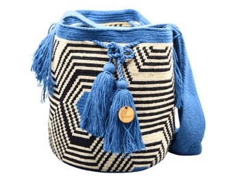 LARGE Authentic Colombian Wayuu Mochila Bag | Tribal Ethnic Boho Bucket Bag | Blue Labyrinth