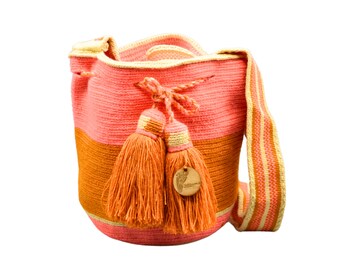 Exclusive Wayuu mochila bag | Medium Woven Crossbody Handmade Gorrito Mochila | Mustard and Pink solid strap