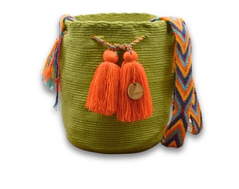 Medium Unicolor Wayuu Mochila Bag | Woven Crossbody | Handmade | Boho | Handmade in Colombia | Green Sunset colors strap