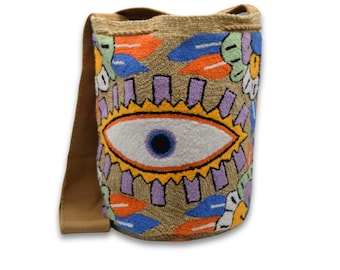 Wayuu Mochila Tasche | Große Tapizada | Handgefertigt in Kolumbien | Beige, Blau und Lila Evil Lucky Awaken Eye