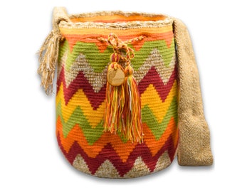 LARGE Authentic Colombian Wayuu Mochila Bag | Tribal Ethnic Boho Bucket Bag | Yellow Zig Zag in the middle