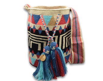 LARGE Exclusive Colombian Wayuu Mochila Bag | Tribal Ethnic Boho Bucket Bag | Non-Stretch Strap | Black stripe with red and blue triangles