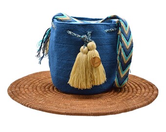 Medium Unicolor Wayuu Mochila Bag | Woven Crossbody | Handmade | Boho | Handmade in Colombia | Blue Beige Burla