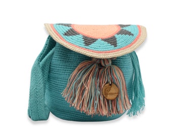 Wayuu Medium Bag with Flap Top | Unicolor Teal Blue