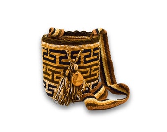 Mini Traditional Wayuu Mochila Bag | Woven Crossbody | Handmade | Boho | Brown Figures