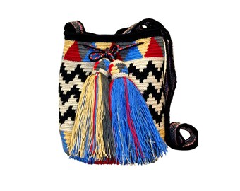 Exclusive Wayuu mochila bag | Medium Woven Crossbody Handmade Gorrito Mochila | Zig zag blue and red solid strap