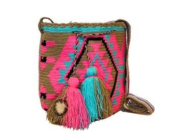 Wayuu mochila bag | Medium Traditional | teal fucsia and light brown