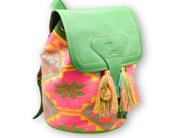 Handcrafted Colombian Wayuu Backpack Mochila I Lined Genuine Leather Ethically Sourced I Bag for Women I Boho Hippie Tribal I Unique Gifts