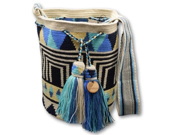 LARGE Exclusive Colombian Wayuu Mochila Bag | Tribal Ethnic Boho Bucket Bag | Non-Stretch Strap | Black stripe with Blue triangles