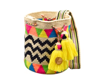 Exclusive Wayuu mochila bag | Medium Woven Crossbody Handmade Gorrito Mochila | Black Zig Zag neon triangles solid strap