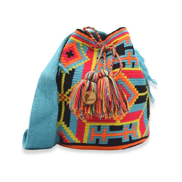 Mochila Wayuu / Grande Tradicional / Azul y negro, naranja neón