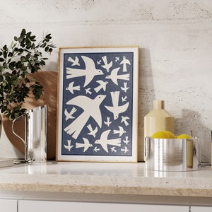 Minimalist Wall Art, Digital Download, Boho, Japandi, Abstract Wall Art, birds, Picture,  doves, mid-century modern, blue, organic, nature