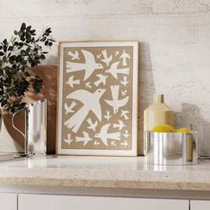 Minimalist Wall Art, Digital Download, Boho, Japandi, Abstract Wall Art, birds, doves, mid-century modern, beige art, organic, nature