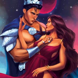May include: Digital illustration of a couple in a romantic embrace, set against a cosmic backdrop. The man wears a crown and cape with silver accents. The woman is in a red dress, with gold jewelry. The background features a red planet and stars.