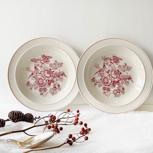 Może przedstawiać: Dwie białe ceramiczne miski do zupy z czerwonym wzorem kwiatowym. Miski mają podwyższony rant i falisty brzeg. Wzór kwiatowy przedstawia czerwone kwiaty, liście i ptaki.