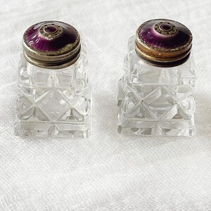 May include: A pair of clear glass salt and pepper shakers with silver and purple enamel lids.