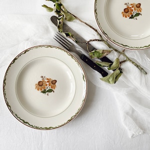 Puede incluir: Dos platos de cerámica blanca con ribete verde y diseños florales marrones. Los platos están sobre un mantel blanco con una rama de hojas secas y un cuchillo plateado.