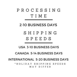 May include: Text-based image with information about processing time and shipping speeds for orders. Processing time is 2-10 business days. Shipping speeds are 3-10 business days for the USA, 5-14 business days for Canada, and 5-20 business days for international orders. A note at the bottom indicates that holiday shipping speeds may differ.