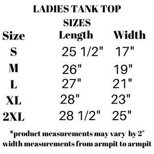May include: Tank top size chart with measurements in inches. Sizes include S, M, L, XL, and 2XL. Length and width measurements are listed for each size.