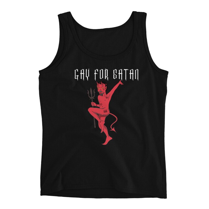 May include: Black tank top with the text "GAY FOR SATAN" in white gothic font. A red devil graphic with a trident and the number 666 is featured on the front. The devil is in a playful pose.