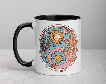 Balance Over Hustle, Ying Yang Mug, Flower Mug, Retro Style, 70s Style Mug