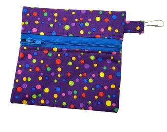 Mini Wallet with Clip - Purple with Dots Zipper Pouch Coin Purse Travel ID Credit Card Essentials Holder