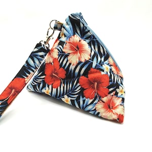 Triangle Zipper Pouch & Wristlet Set - Blue Hawaiian Floral Cotton Print, Large Essentials Carry Bag with Clip Wrist Strap, Crystals Dice