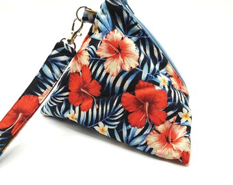 Triangle Zipper Pouch & Wristlet Set - Blue Hawaiian Floral Cotton Print, Large Essentials Carry Bag with Clip Wrist Strap, Crystals Dice