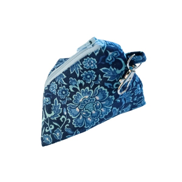 Bolsa de cremallera de pirámide de triángulo pequeño floral azul marino con clip giratorio, monedero de monedas, accesorio de viaje, monedero de cambio, pieza de juego o bolsa de dados