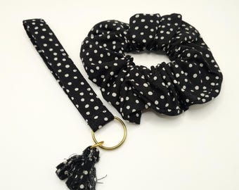 Oversized Scrunchie & Wristlet Keychain Set - Black Polka Dot with Scrappy Handmade Tassel