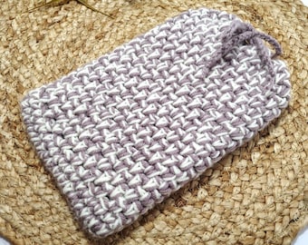 Crochet Tablet Sleeve with Drawstring in Off White Mauve Tweed Multicolored Acrylic