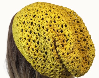 Mustard Slouchy Beanie, Cotton Crochet Beanie Hat, Lightweight Spring Summer Lacy Beanie, Soft Boho Women’s Hat