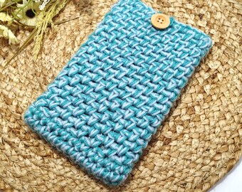 Crochet Tablet Sleeve: Tweed Acrylic Pouch with Wood Button