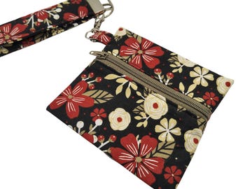 Burgundy Floral Wristlet Keychain & Mini Wallet Matching Set, Cute Floral Gift for Women, ID Holder, Card Pouch, On the Go Accessory