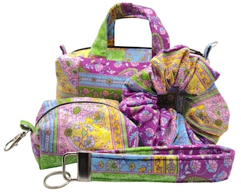 Floral Paisley Boxy Pouch Set, Wristlet Keychain and Scrunchie, Small Bag with Handles, Travel Everyday Women's Gift 4 PC or Mix and Match