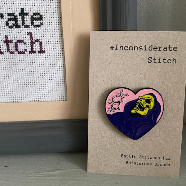 Skeletor Live, Laugh, Love. Needle Minder Snarky Cute Perfect Valentines Gift! Cross Stitch Embroider Minder