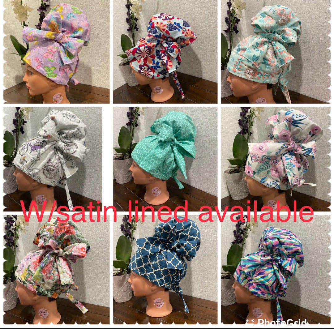 High Bun Scrub Caps, High Bun W/satin Lined, Surgical Cap , Ponytail