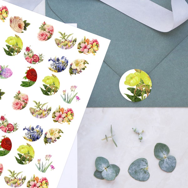Floral Illustration Envelope Stickers 1 Inch/Decorative Stickers/Round Envelope Seals/Envelope Sticker/Floral Sticker/Invitations/Item # 566