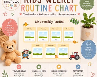 Kids Weekly Routine Chart | Editable Visual Schedule | Autism And ADHD Support | Digital Download