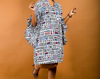 Dragonfly Shift Ankara Dress - White Print; knee length dress; ankara dress; african print dress; kitenge dress