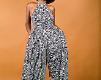 Black & White Wasp Jumpsuit; Animal Print Jumpsuit; Wide-legged women's jumpsuit