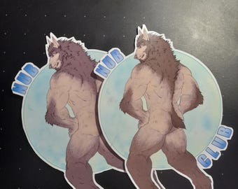 May include: Two stickers featuring a muscular werewolf figure with brown fur, standing in a confident pose. Each sticker has a light blue background with the words "NUB CLUB" in a curved font.