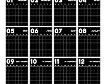 Wandkalender - ongedateerd - zwart-wit - grote afdrukbare muurplannerposters