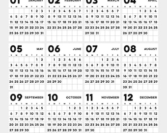 Wandkalender 2026 - wit en zwart - grote afdrukbare muurplannerposters