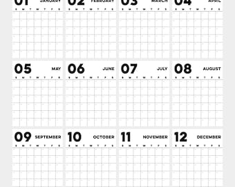 Wandkalender - ongedateerd - wit en zwart - grote afdrukbare muurplannerposters