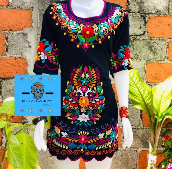 black mexican dress with flowers