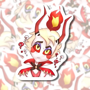 Puede incluir: Una pegatina con un personaje de dibujos animados con cuernos rojos, un atuendo rojo y blanco y una llama en la parte superior de la cabeza. El personaje tiene ojos amarillos y está rodeado de signos de interrogación. La pegatina tiene un borde blanco.