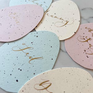 May include: Five pastel-coloured egg-shaped place cards with gold calligraphy. The names "Olivia", "Charlotte", "Grandma", "Joel", and "Grace" are written on the cards.